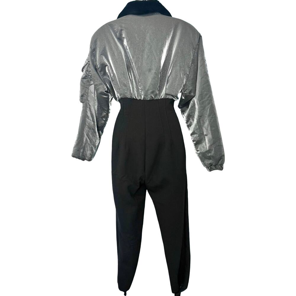 Vintage 90s Nils Silver Metallic Black Faux Fur Collar Ski Suit One Piece Size S - Picture 9 of 16